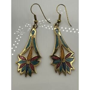 Enamel Orchid Flower Japanese Blue Pink Green Lotus Dangle Earrings Gold Tone